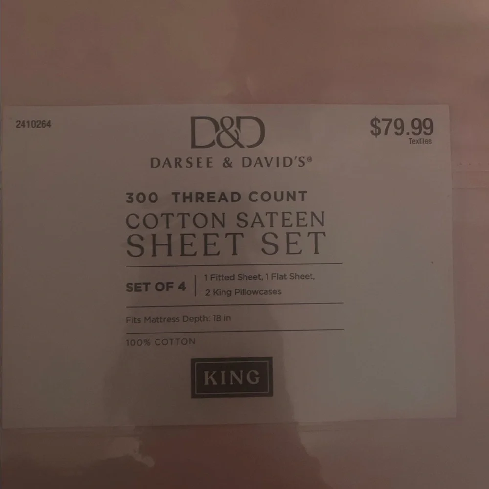 300 THREAD COUNT  COTTON SATEEN SHEET SET  *King* BY D&D DARSEE & DAVID'S